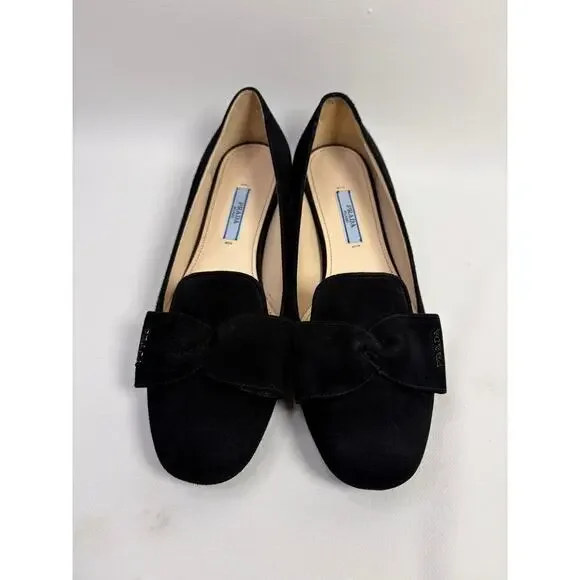 PRADA Black Suede Prada Signature Logo Bow Flat Slipper Shoes Size 37.5 - Picture 2 of 10